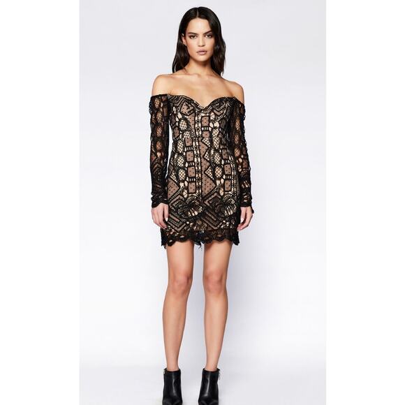 BARDOT Women's Zendaya Mini Lace Dress Medium Black/Nude Off Shoulder NWT - Picture 1 of 14